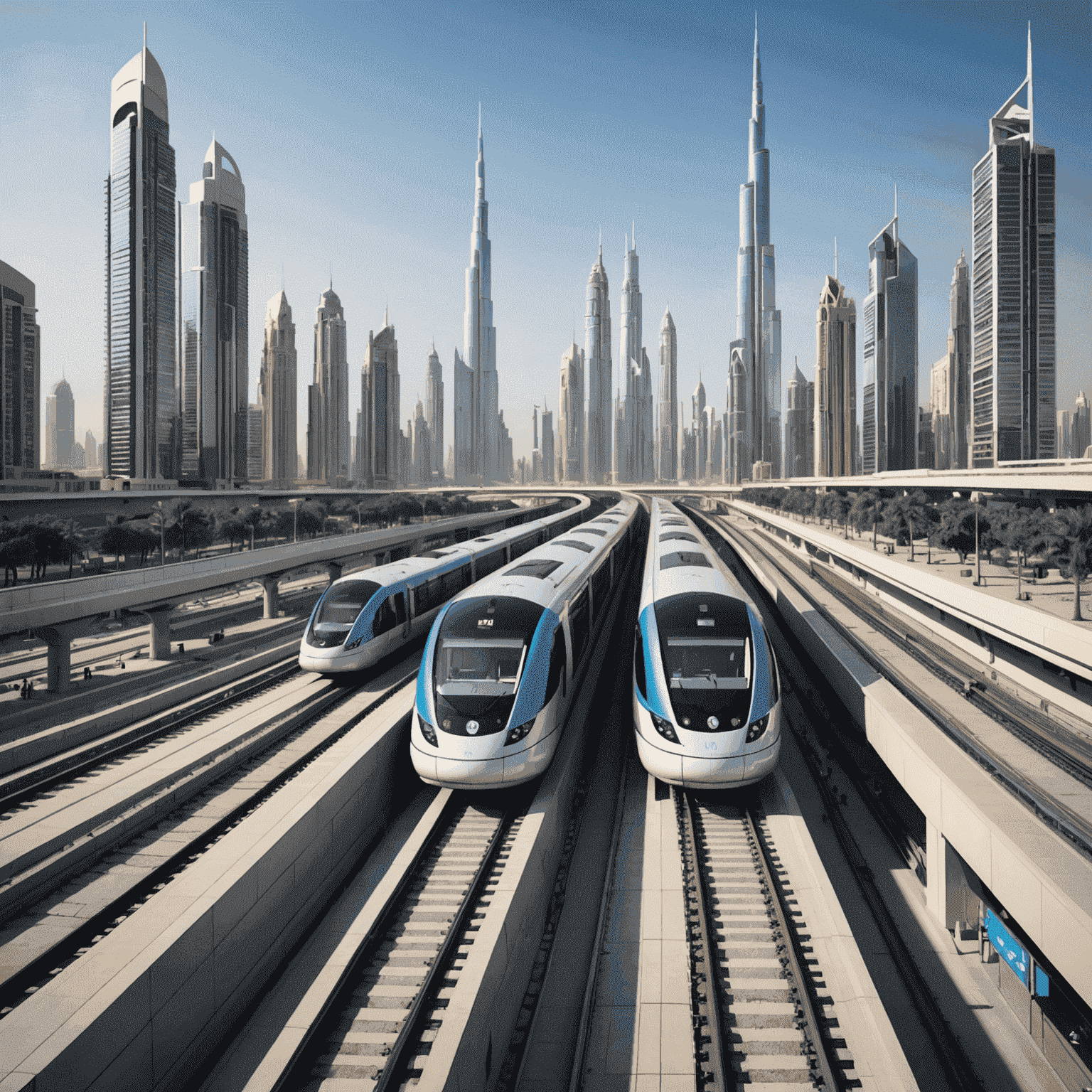 Conceptual rendering of the new Dubai metro line showing sleek trains and modern stations against the city skyline