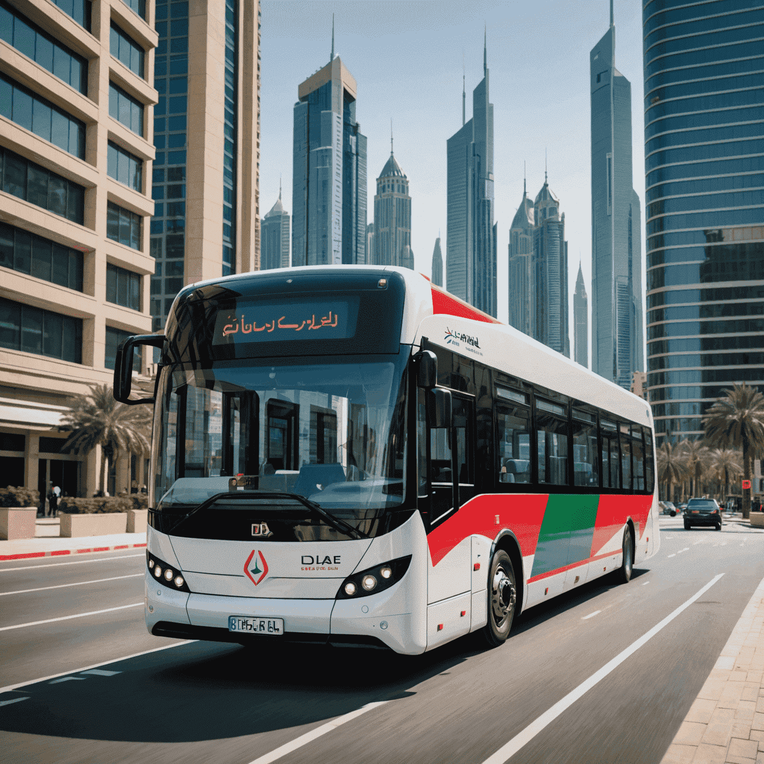 A sleek, modern electric bus with UAE flag colors driving on a city street in Dubai, with skyscrapers in the background