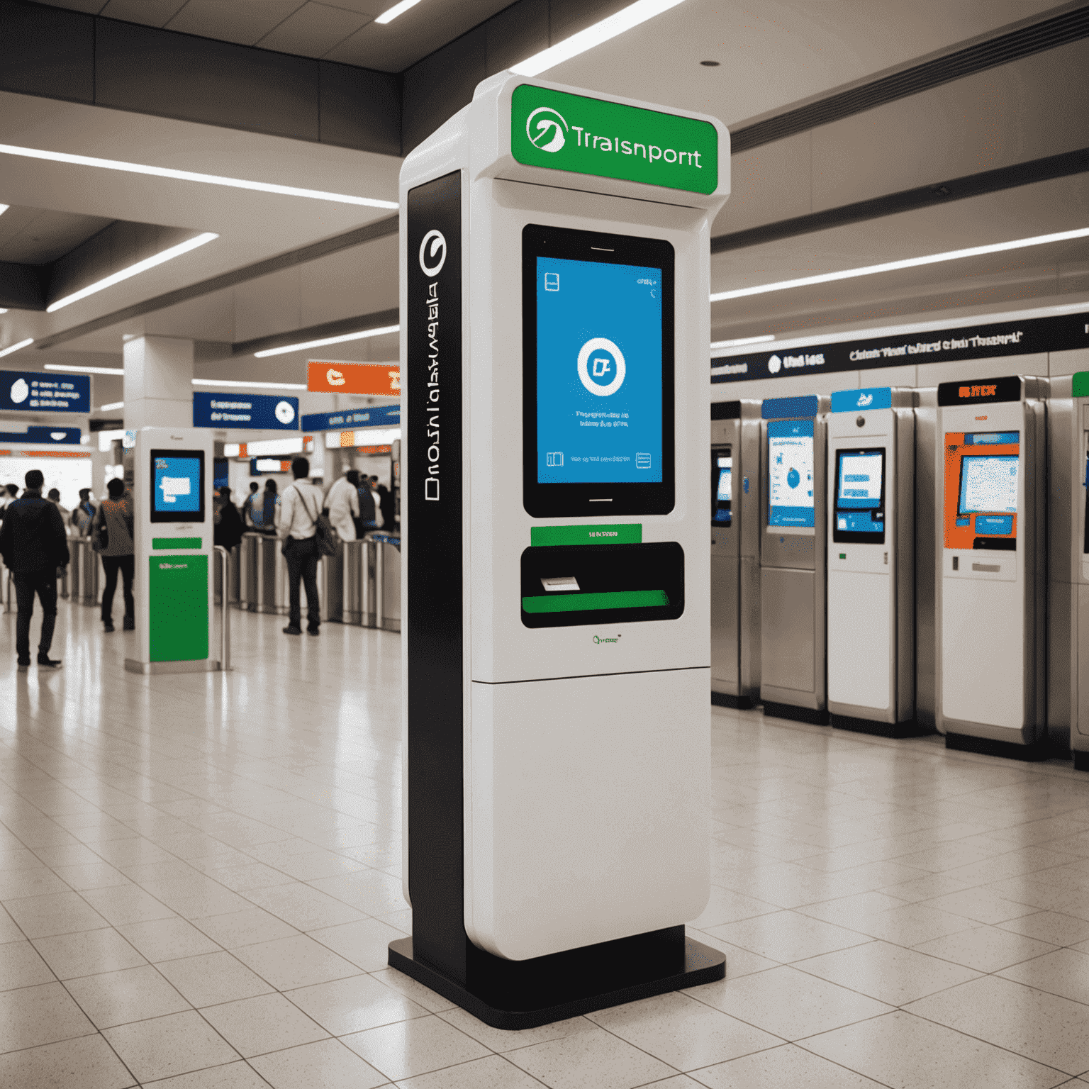 A modern self-service kiosk for transport card top-up, placed in a busy UAE metro station. The kiosk has a touchscreen interface and card reader, with people queuing to use it.