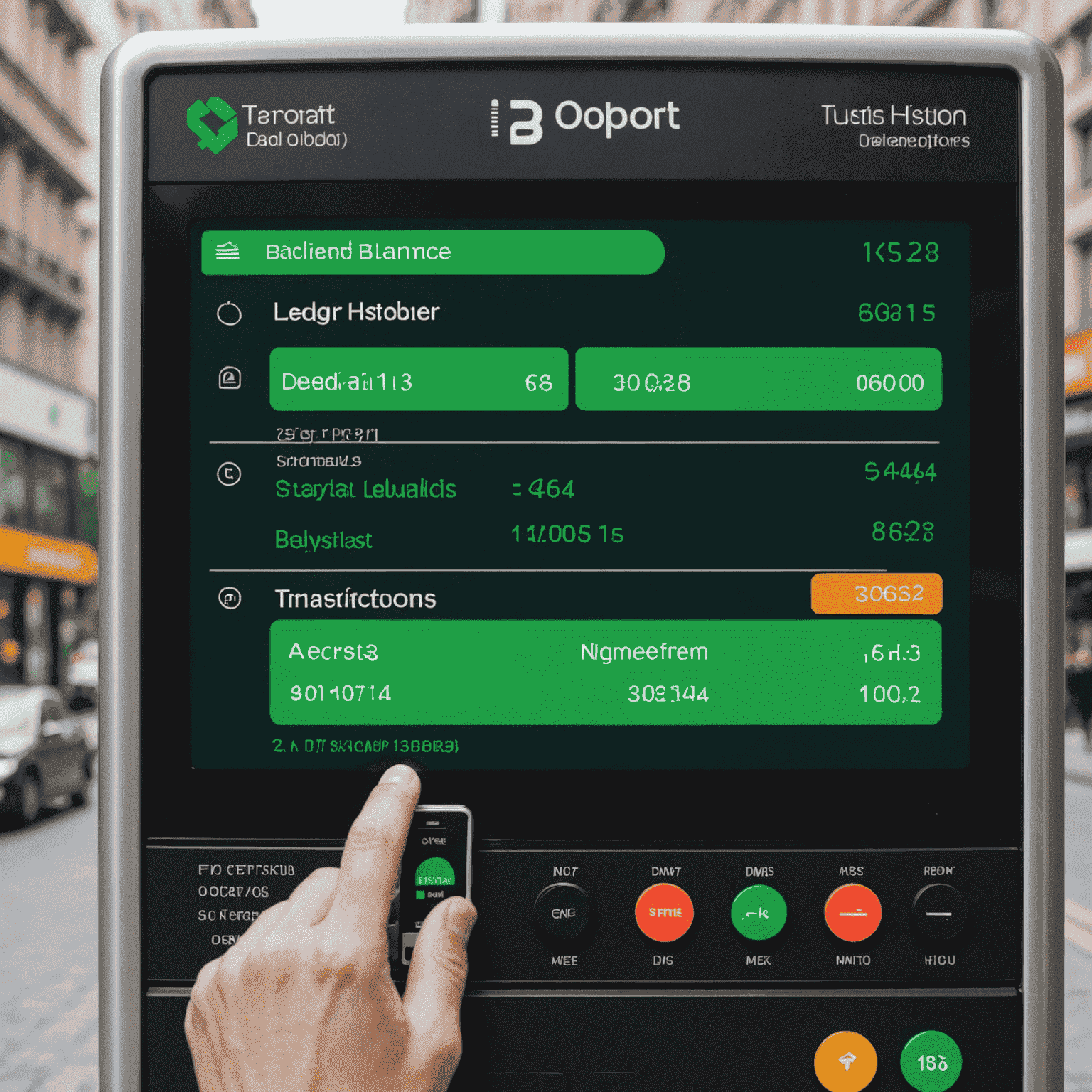 A digital display showing a transport card balance and transaction history. The screen displays a green number indicating the current balance, followed by a list of recent transactions with dates, descriptions, and amounts.