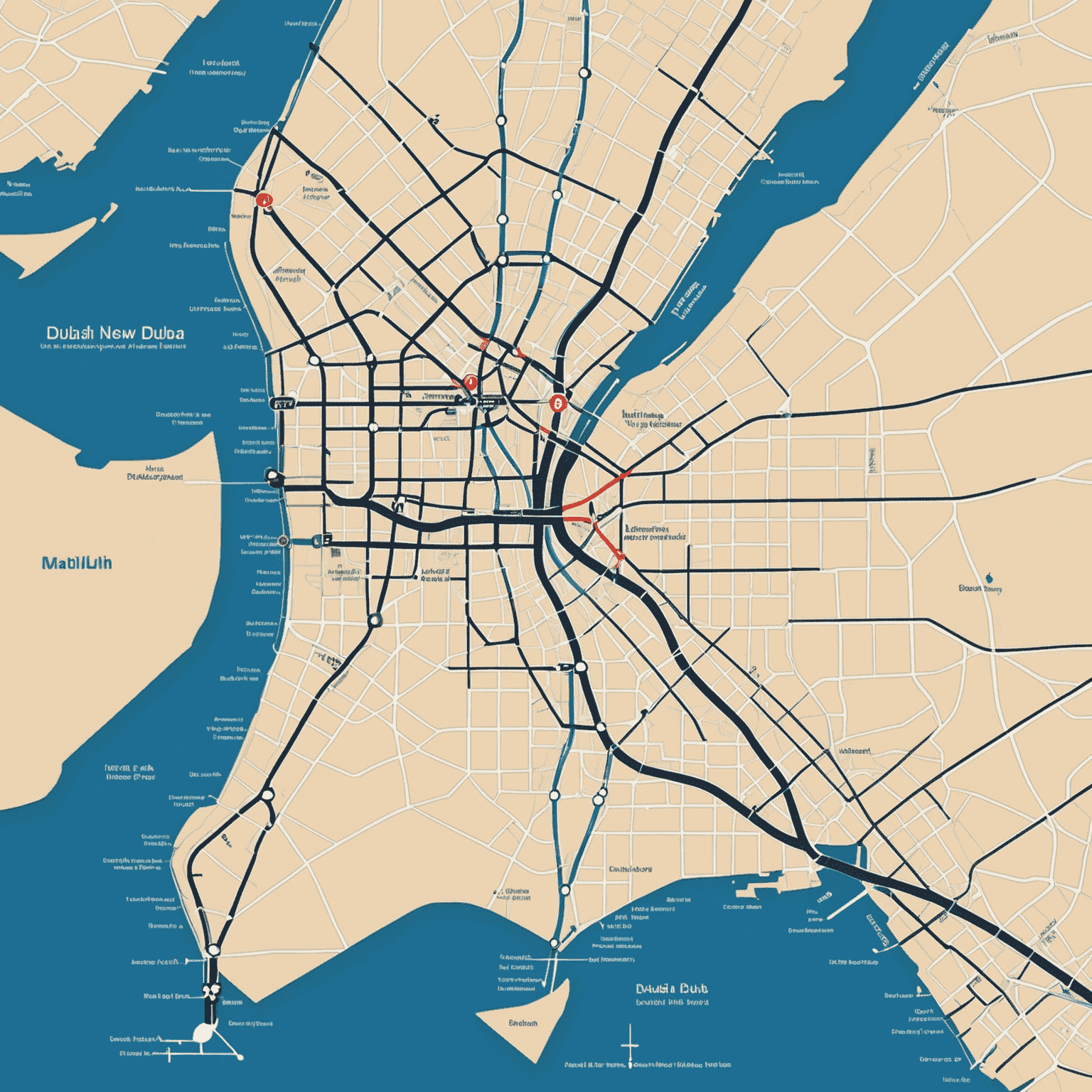 Map of Dubai showing the route of the new metro line with highlighted stations and connections to existing transport networks