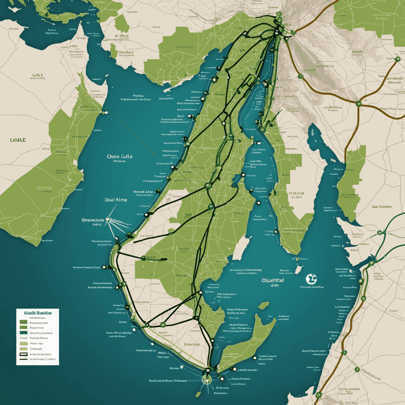 A map of UAE showing current and planned electric bus routes, with green lines representing operational routes and dotted lines showing future expansions