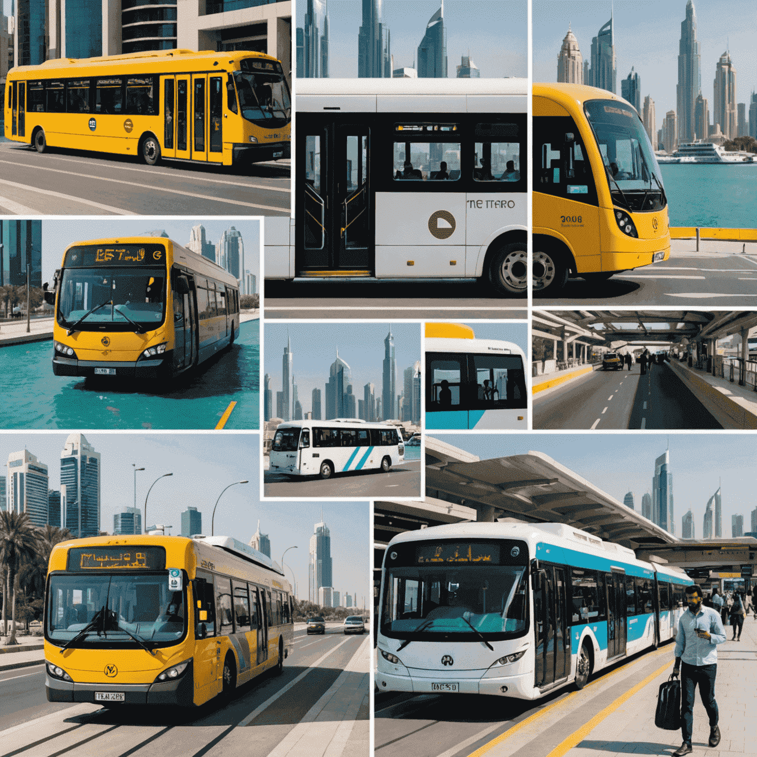 A collage showing various modes of public transport in UAE, including metro, bus, and water taxi, with a person using a smartphone to recharge their transport card