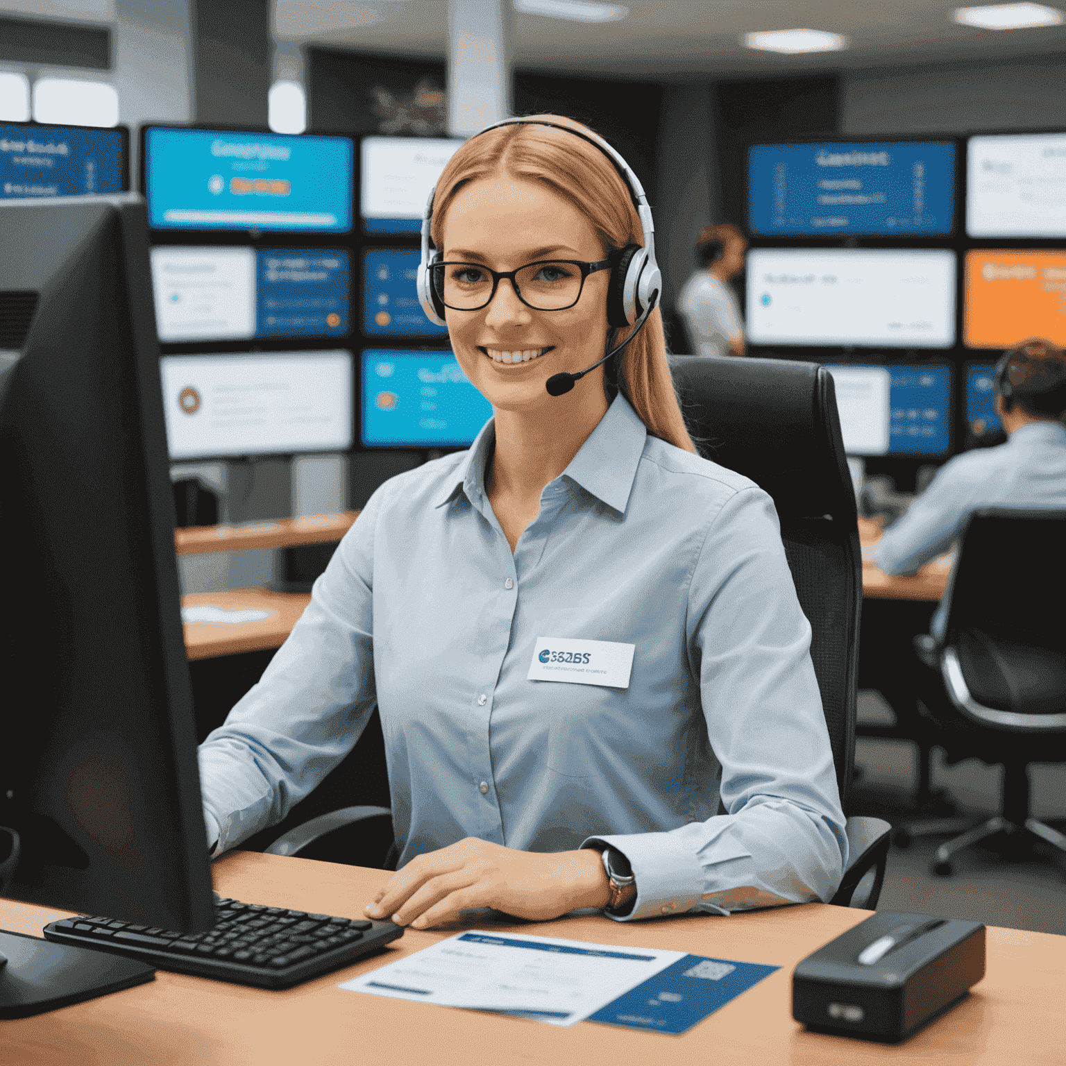 A friendly customer service representative wearing a headset, sitting at a desk with multiple screens showing transport card information and support tickets.